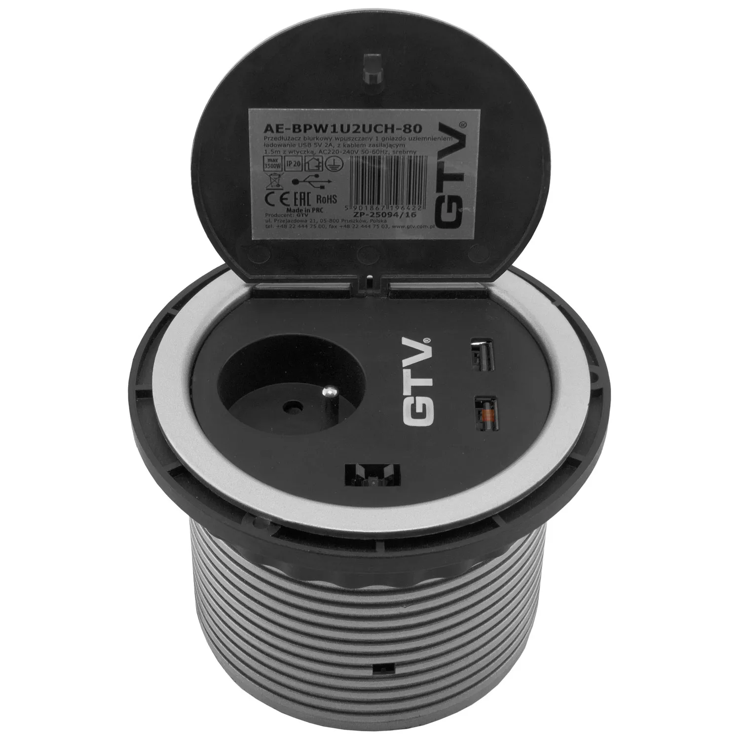 Gniazdo wpuszczane chowane w blat fi 100 USB Charger Szare GTV