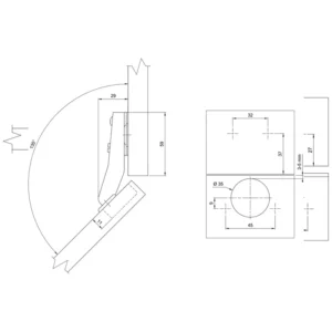 Zawias meblowy kątowy AGV 45° + Prowadnik H-4 AMIX