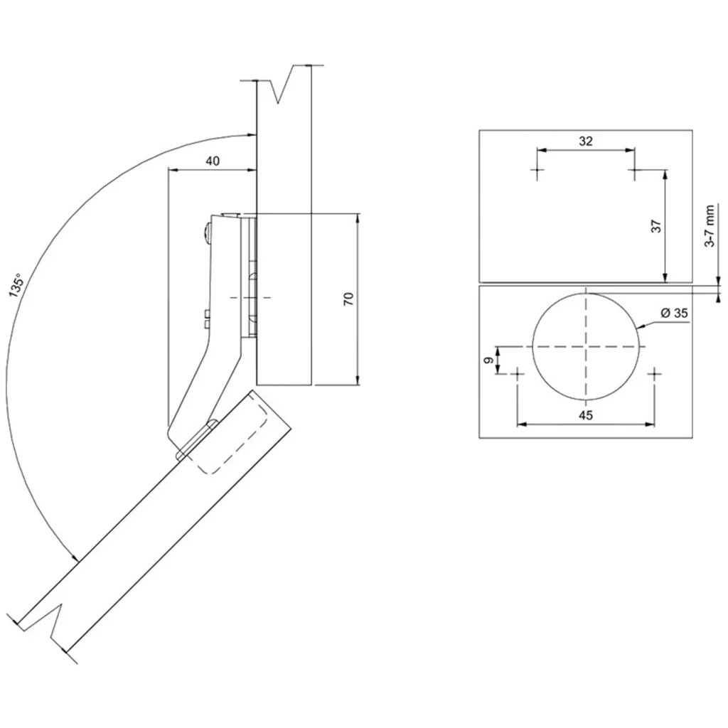 Zawias meblowy Hydrauliczny Kątowy 45° AGV + Prowadnik H-0 CLIP-ON AMIX