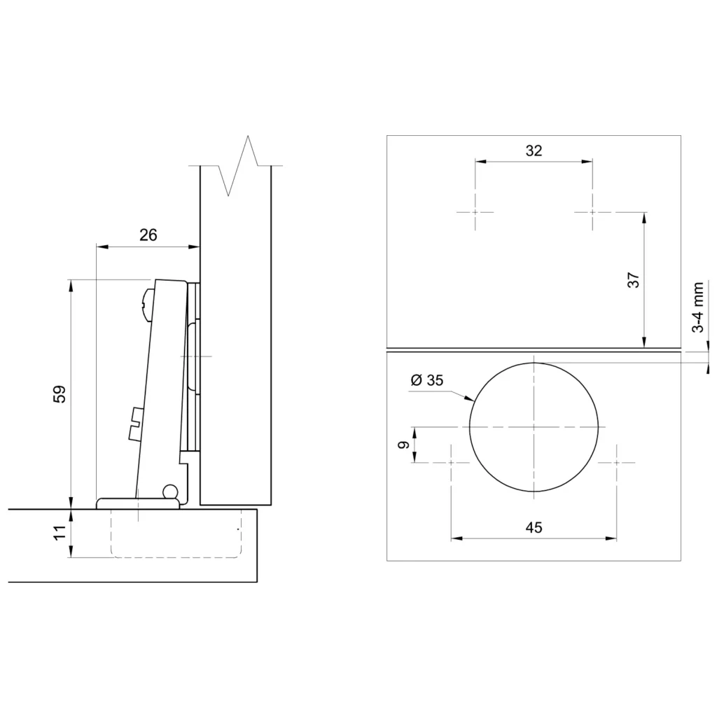 Zawias meblowy nakładany AGV 110° + Prowadnik H-0 AMIX