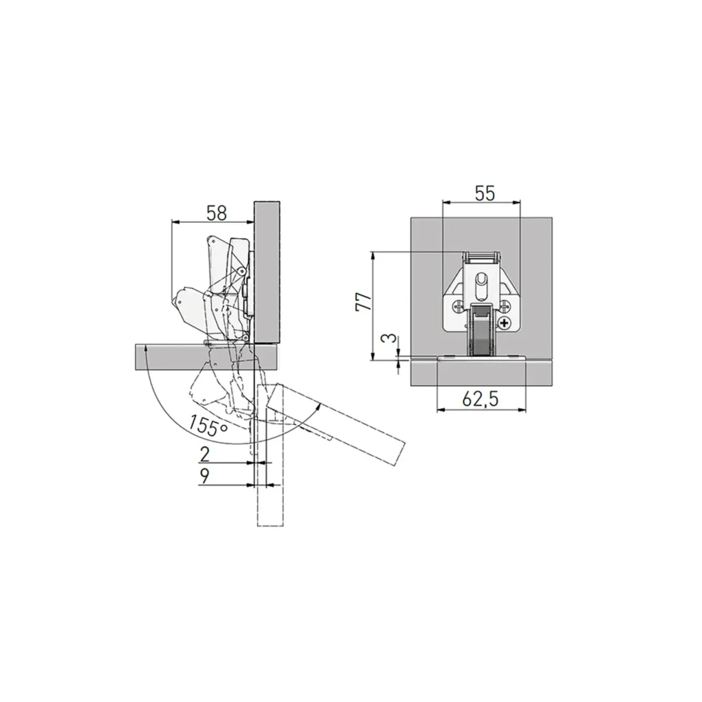 Zawias z ujemnym uskokiem 155° hydrauliczny HCKT GTV