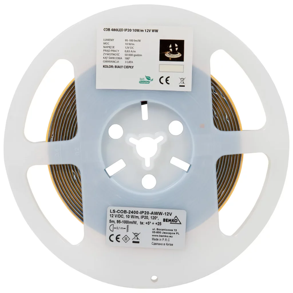 Taśma LED COB 2400 biały ciepły 12V 10W 5m Bemko