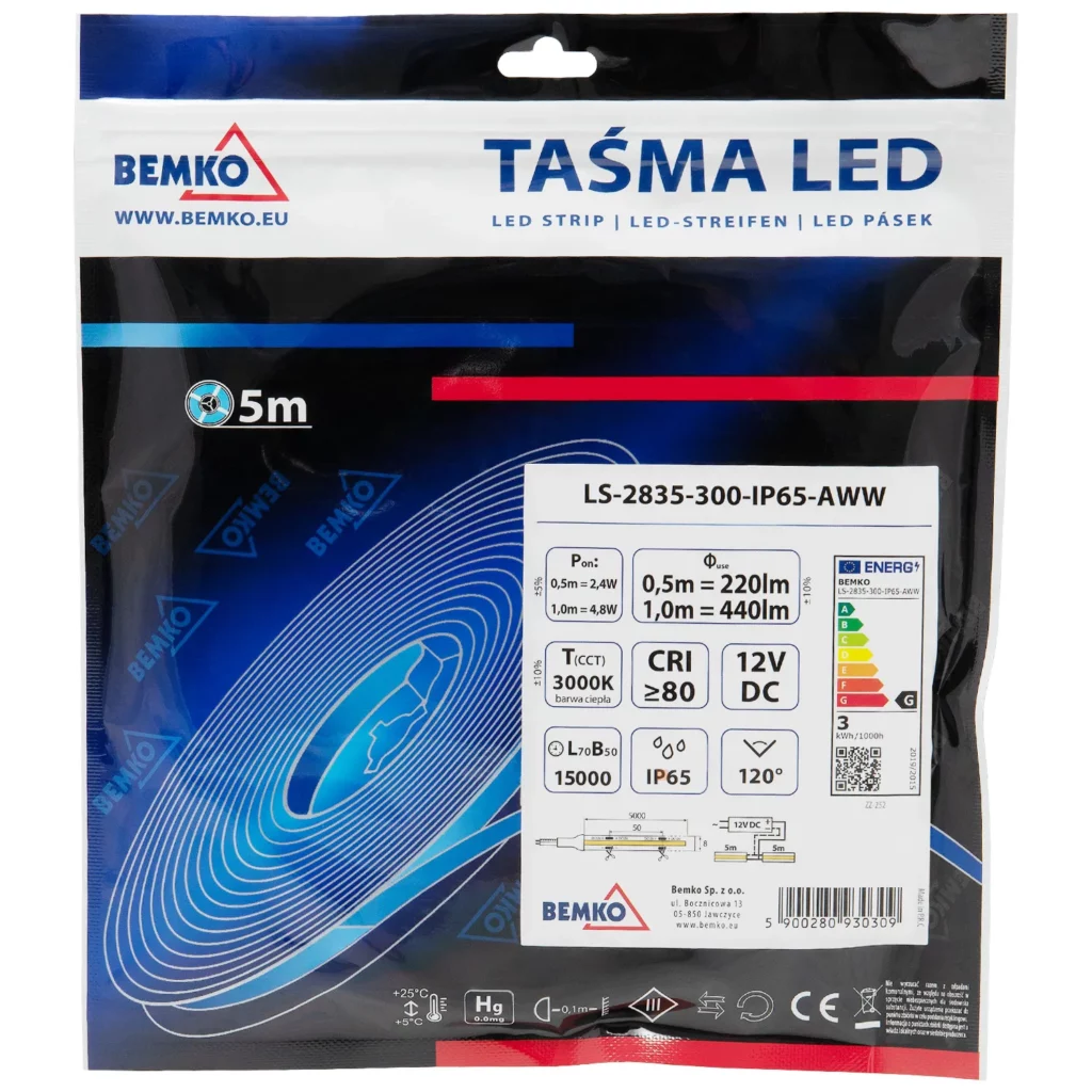 Taśma LED 2835-300 biały ciepły 12V 5m IP65 Bemko