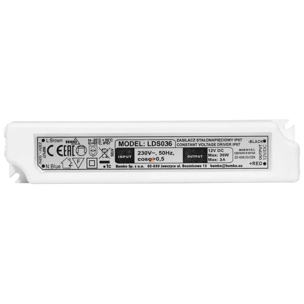 Zasilacz LED 36W 12V IP67 hermetyczny do taśmy LED Bemko
