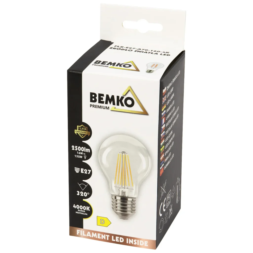 Żarówka LED E27 A70 16W 2500LM 4000K FILAMENT Bemko