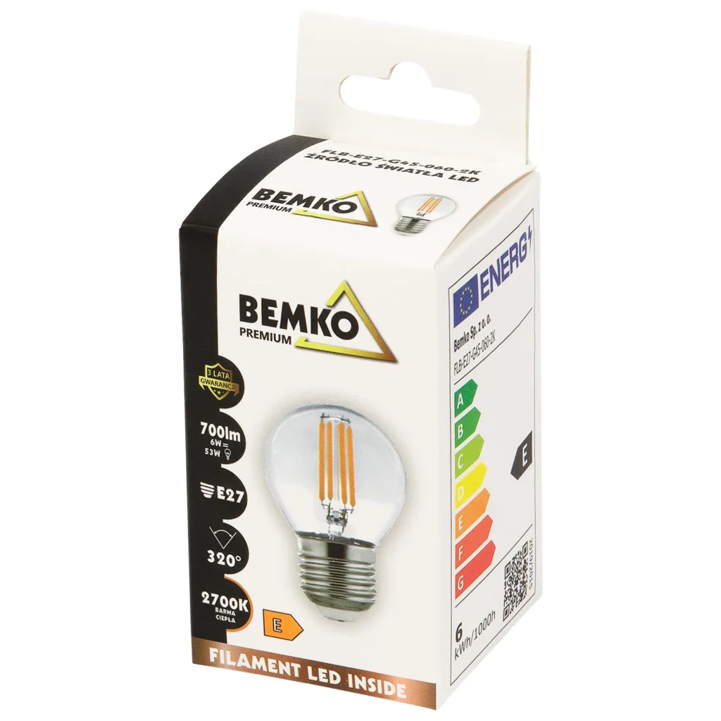 Żarówka LED E27 G45 6W 700LM 2700K FILAMENT Bemko