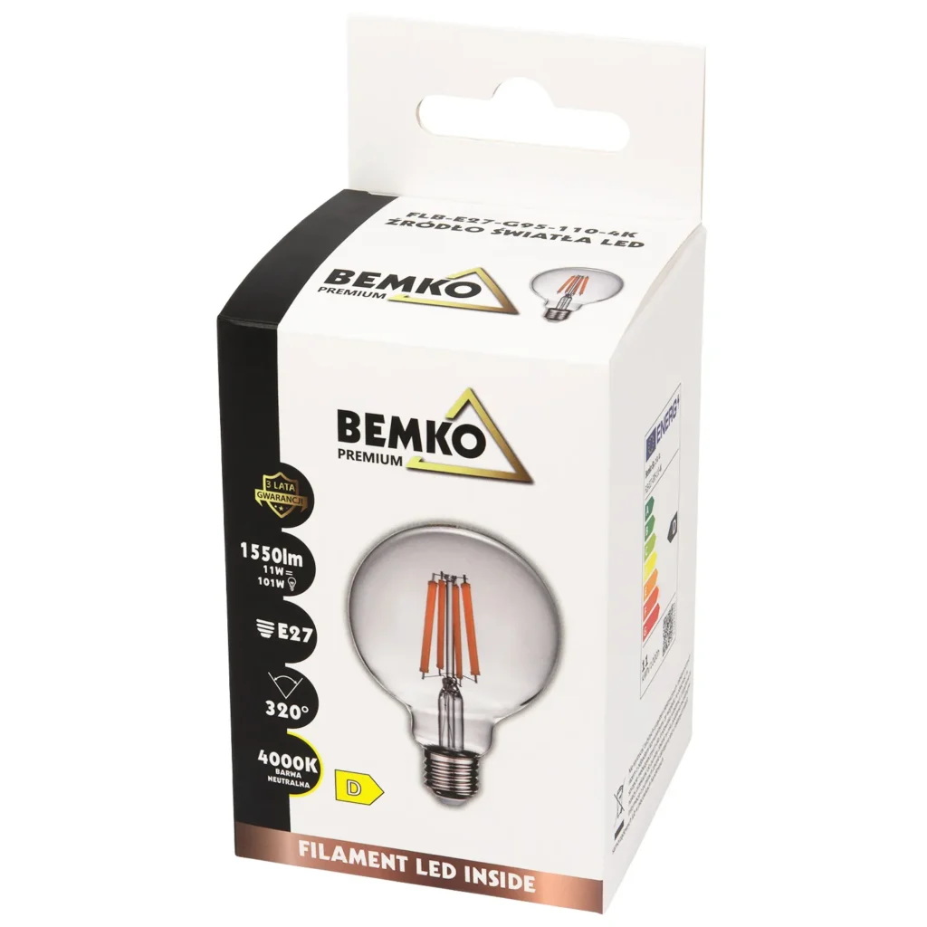 Żarówka LED E27 G95 11W 1550LM 4000K FILAMENT Bemko
