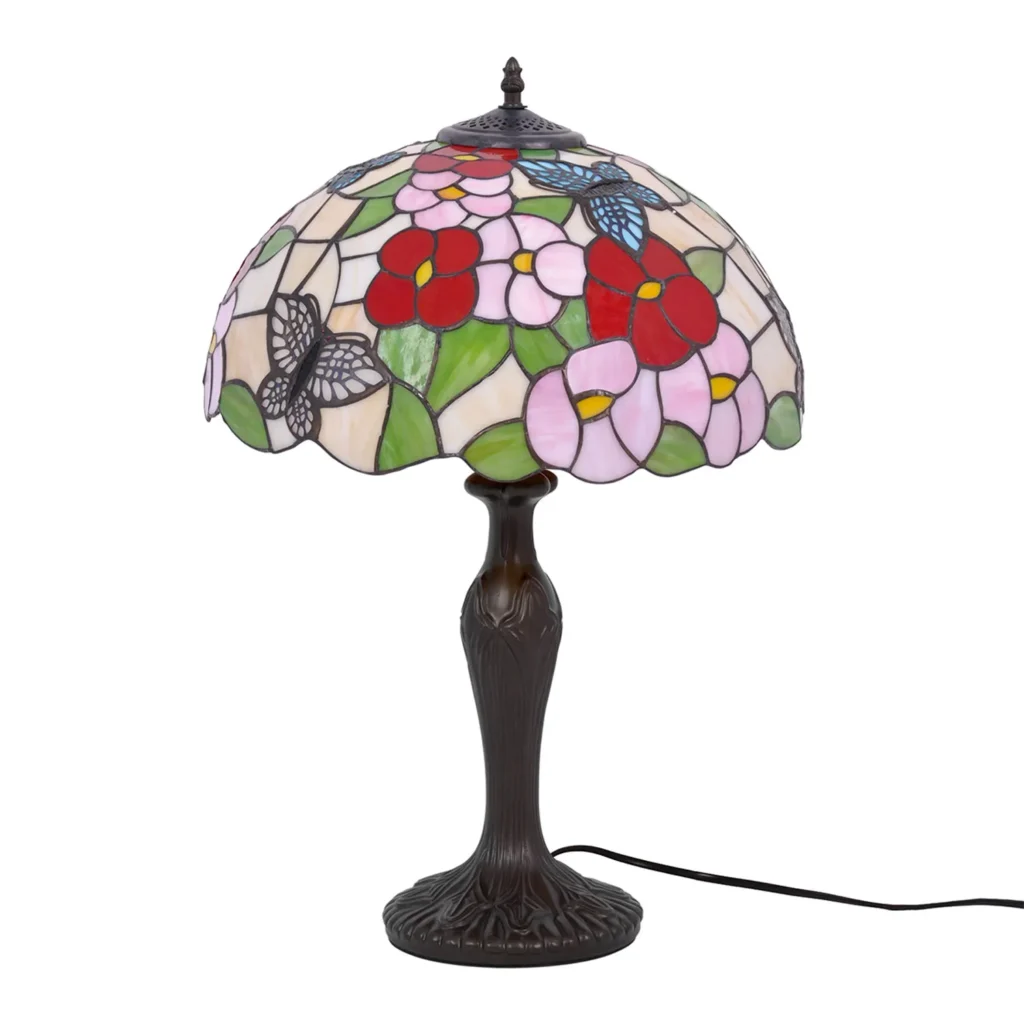 Witrażowa lampa stołowa do rustykalnych wnętrz K-G161386 z serii BUTTERFLY