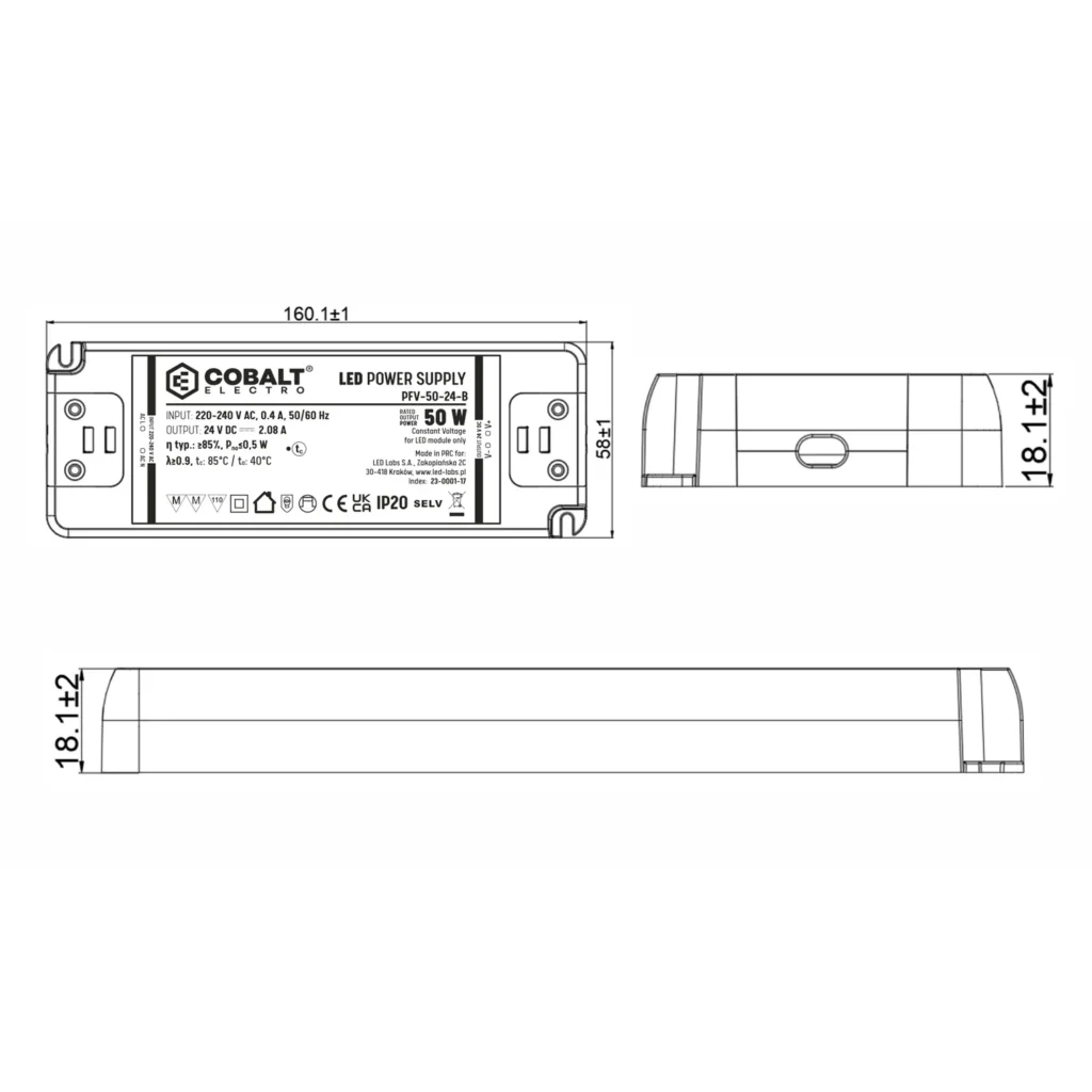 Zasilacz montażowy CobaltElectro do taśm LED 24V 50W IP20 PFV-50-24-B
