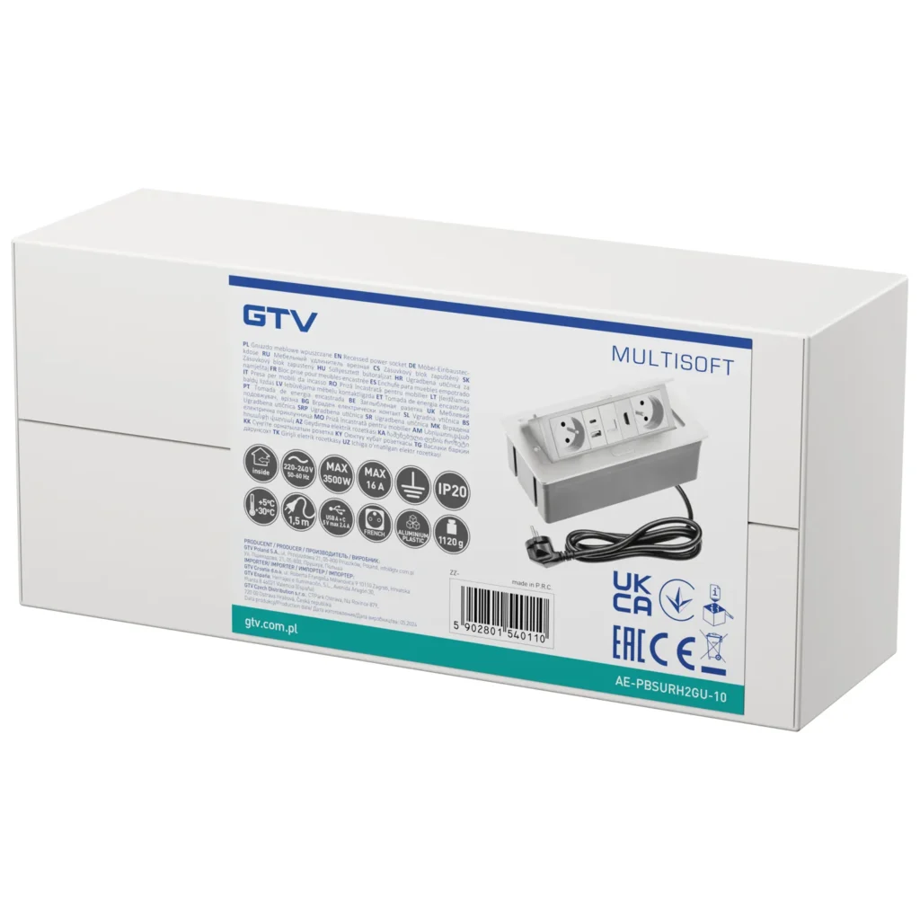 Gniazdo meblowe MULTISOFT wpuszczane w blat 2x gniazdo z uziemieniem, USB A+C RJ45 HDMI 2.0 GTV BIALE