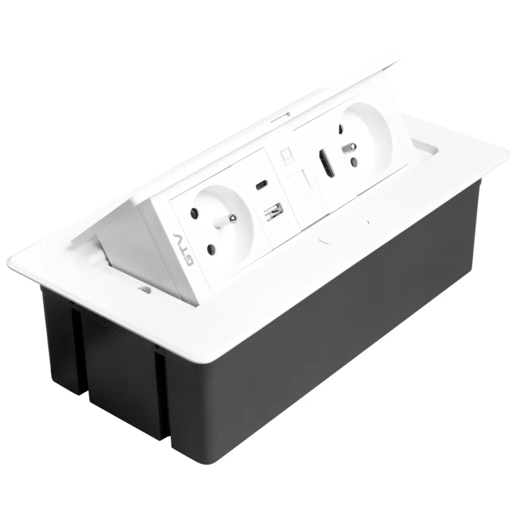Gniazdo meblowe MULTISOFT wpuszczane w blat 2x gniazdo z uziemieniem, USB A+C RJ45 HDMI 2.0 GTV BIALE