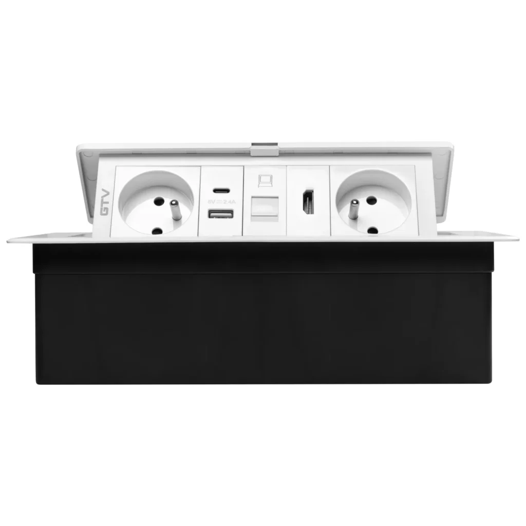Gniazdo meblowe MULTISOFT wpuszczane w blat 2x gniazdo z uziemieniem, USB A+C RJ45 HDMI 2.0 GTV BIALE