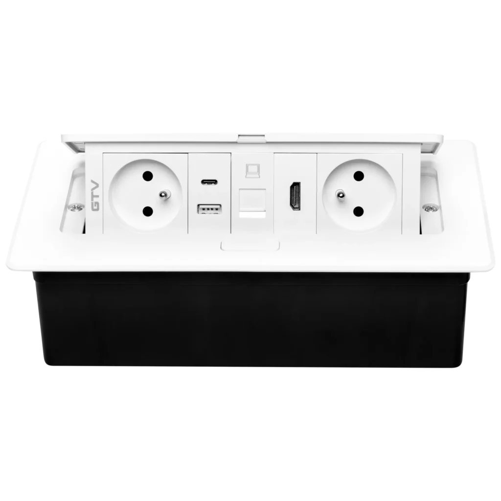 Gniazdo meblowe MULTISOFT wpuszczane w blat 2x gniazdo z uziemieniem, USB A+C RJ45 HDMI 2.0 GTV BIALE