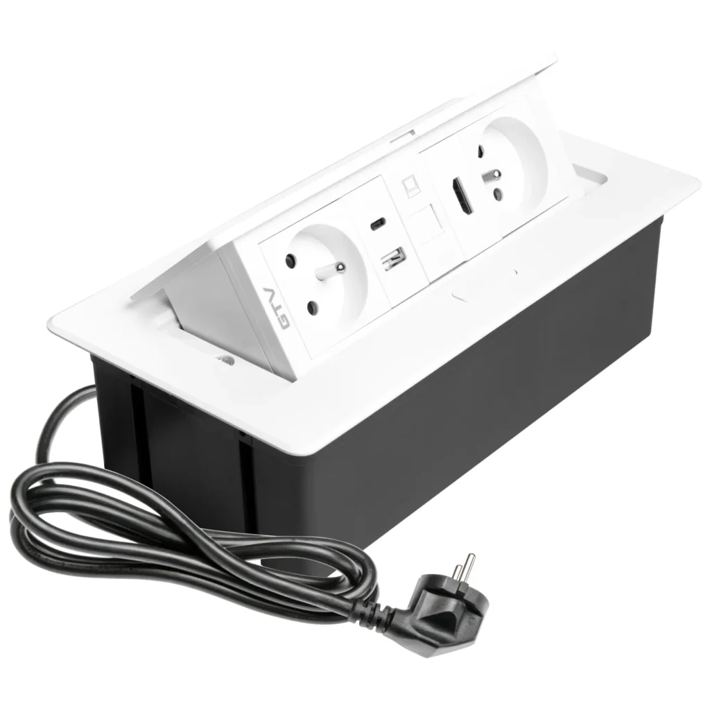 Gniazdo meblowe MULTISOFT wpuszczane w blat 2x gniazdo z uziemieniem, USB A+C RJ45 HDMI 2.0 GTV BIALE