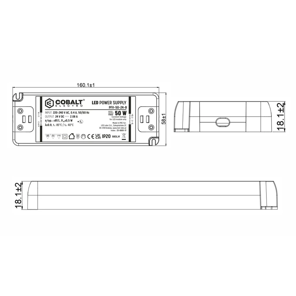 Zasilacz montażowy CobaltElectro do taśm LED 12V 50W IP20 PFV-50-12-B