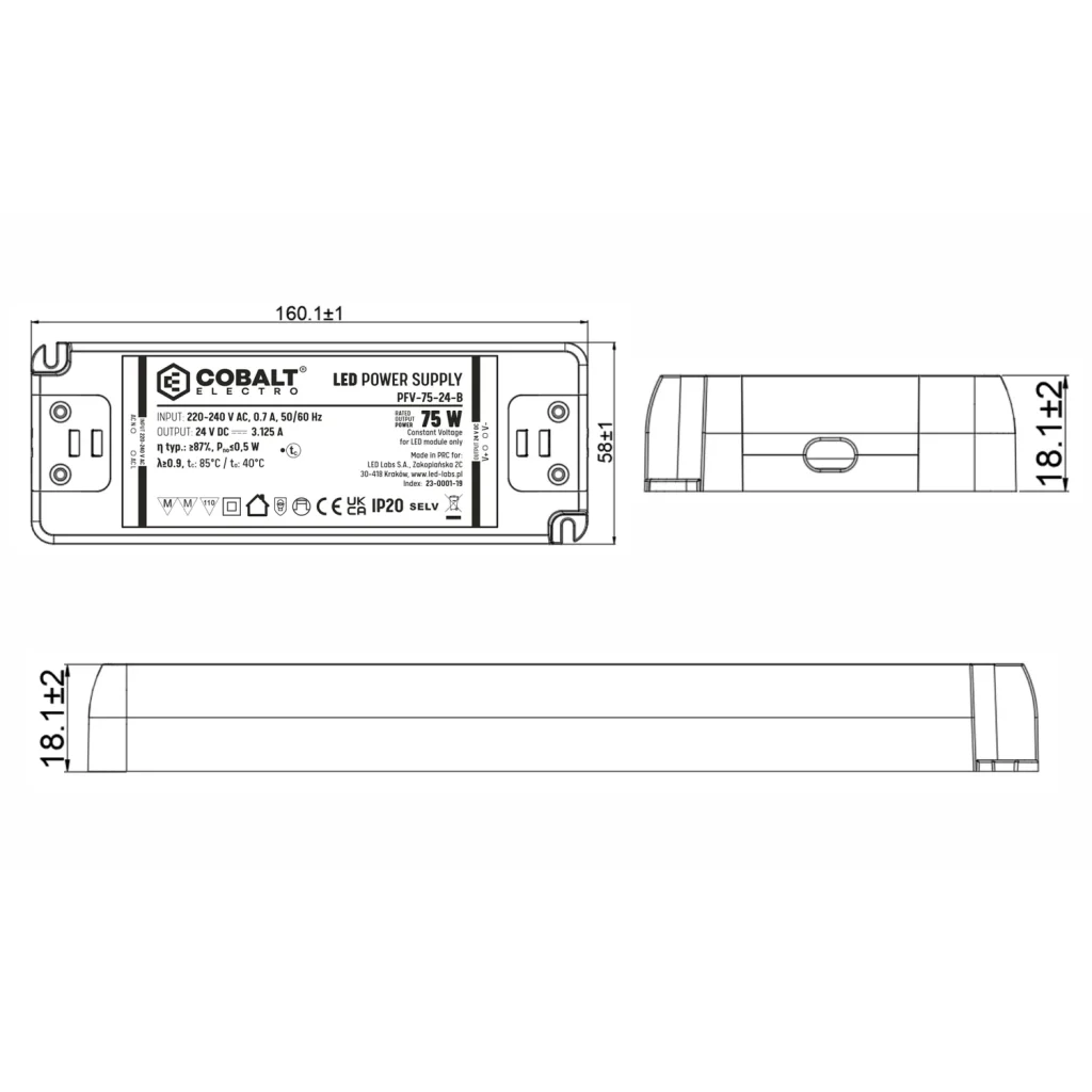 Zasilacz montażowy CobaltElectro do taśm LED 12V 75W IP20 PFV-75-12-B
