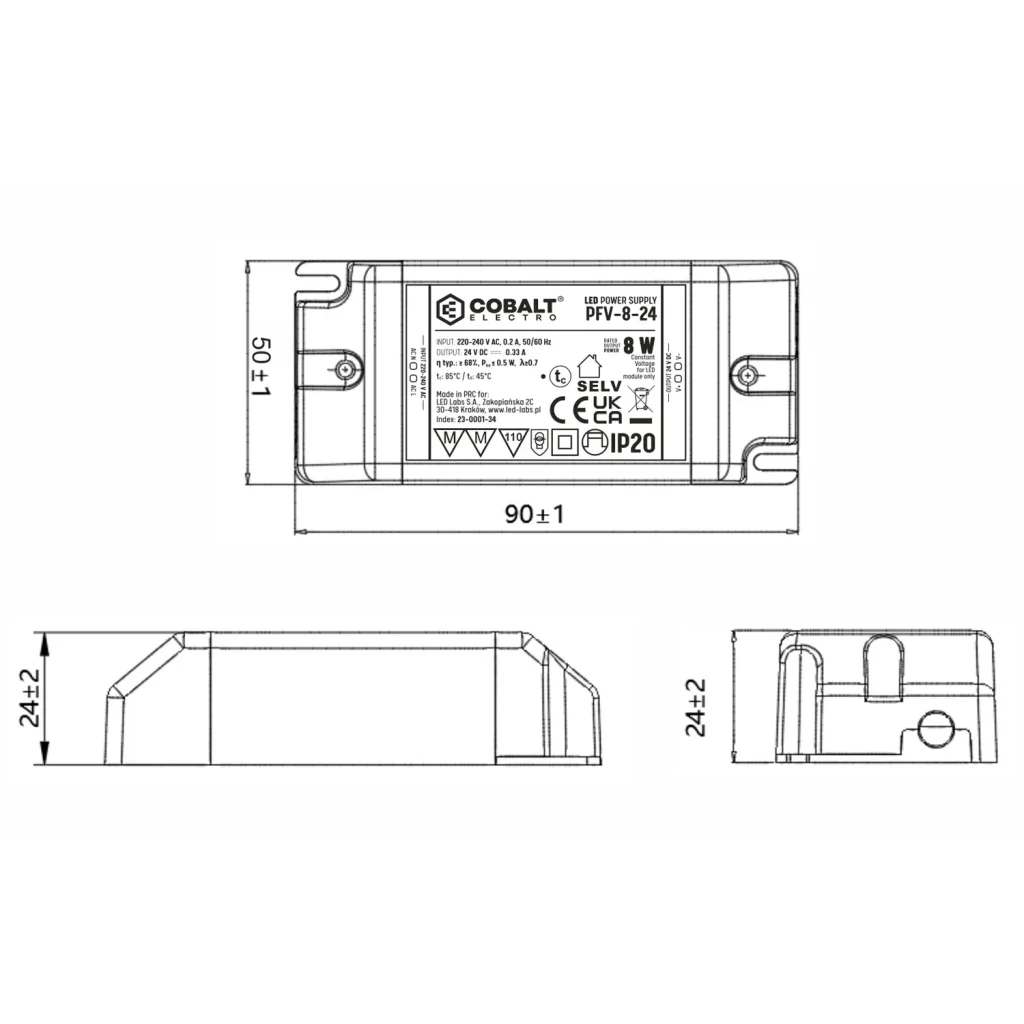 Zasilacz montażowy CobaltElectro do taśm LED 24V 8W IP20 PFV-8-24-B