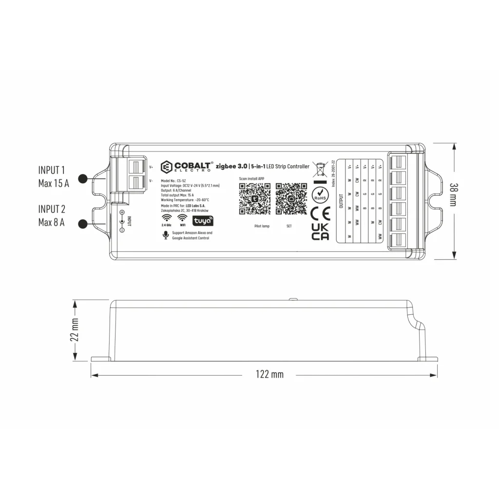 Sterownik Kontroler 5 w 1 do taśm pasków LED RGB WiFi ZigBee 12-24 V CS-5Z
