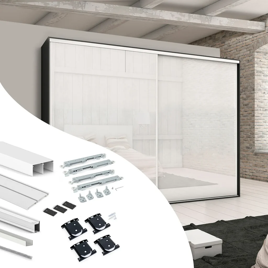 Zestaw Okuć do 2 drzwi przesuwnych Placard 74 Cichy domyk Biały Emuca