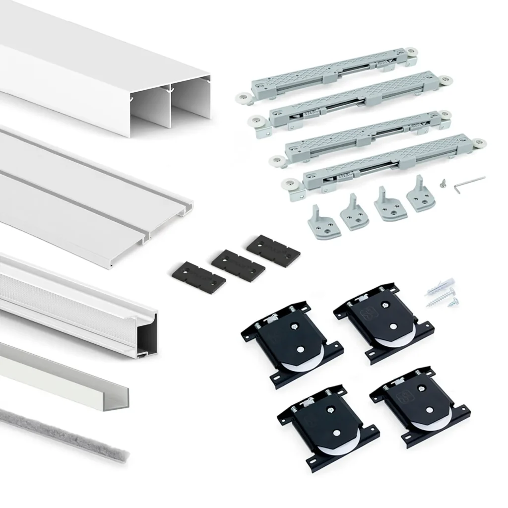 Zestaw Okuć do 2 drzwi przesuwnych Placard 74 Cichy domyk Biały Emuca