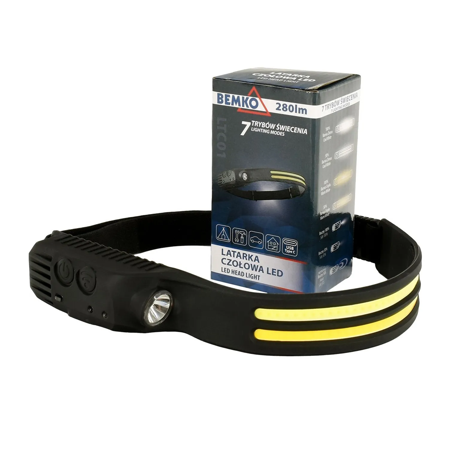 Latarka czołowa LED akumulatorowa 280 lm USB-C 1200 mAh Bemko